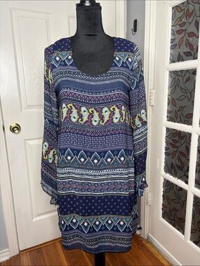 dee elle Navy Multicolor Paisley & Geometric Long-Sleeve Dress